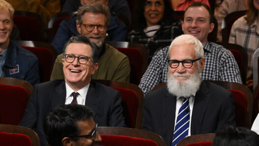 Stephen Colbert on the set of The Late Show during one of his final broadcasts.