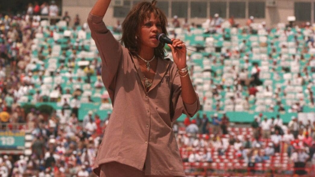 Whitney Houston performing during the 1994 FIFA World Cup closing ceremony at the Rose Bowl in Pasadena