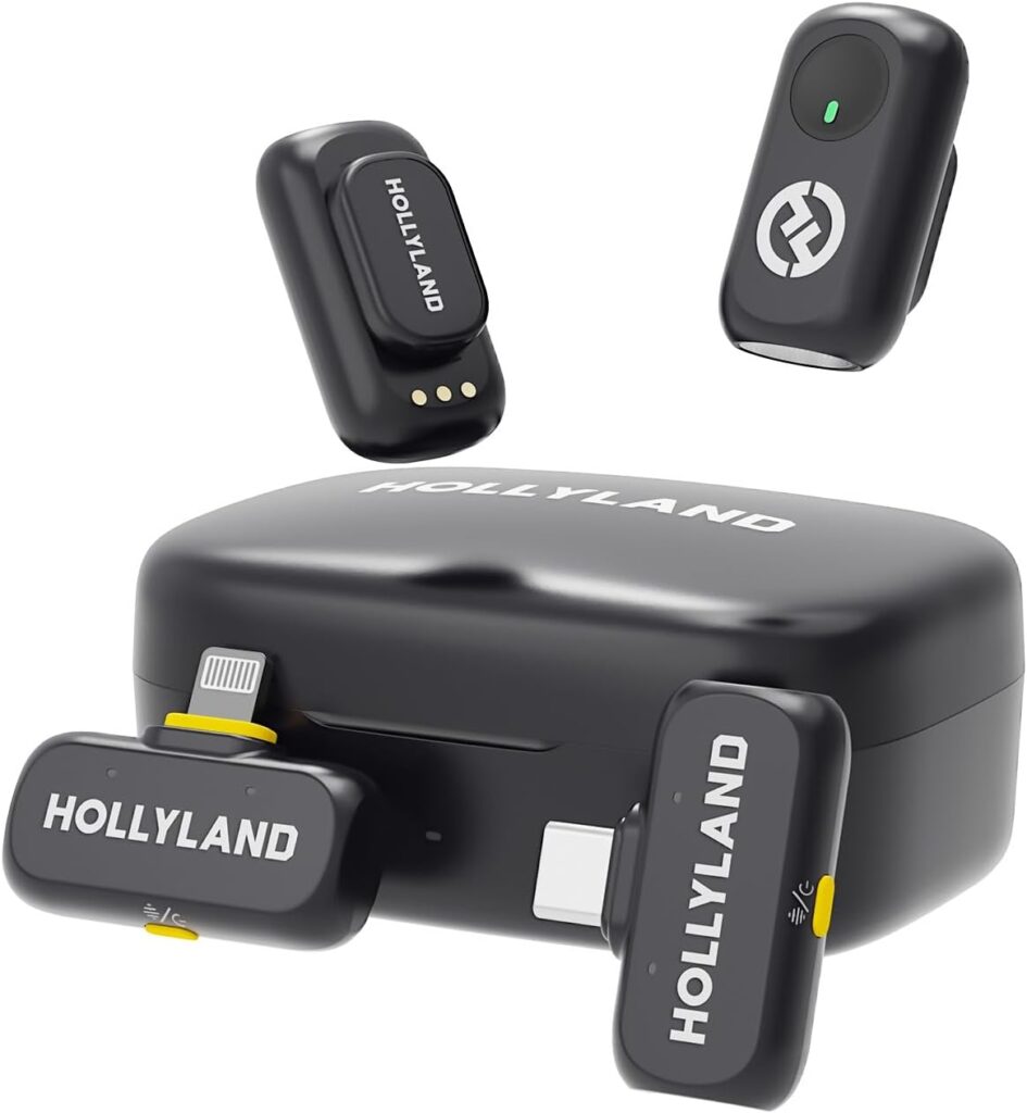 Hollyland Lark A1 compact wireless microphone kit with transmitters and charging case.