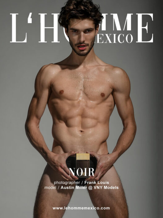 Austin Miller photographed by Frank Louis for L’Homme México with Tom Ford Noir visible in the mirror.