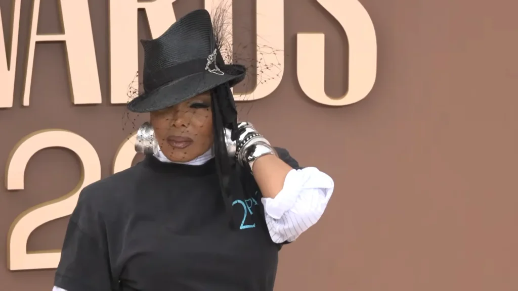 Janet Jackson wearing a vintage Tupac Shakur T-shirt during BET Awards 2026 live carpet coverage