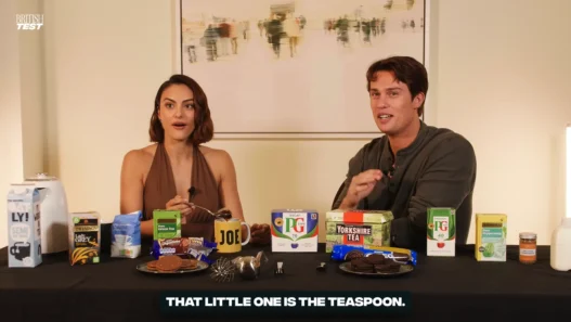 Camila Mendes and Nicholas Galitzine taking The British Test while promoting Masters of the Universe