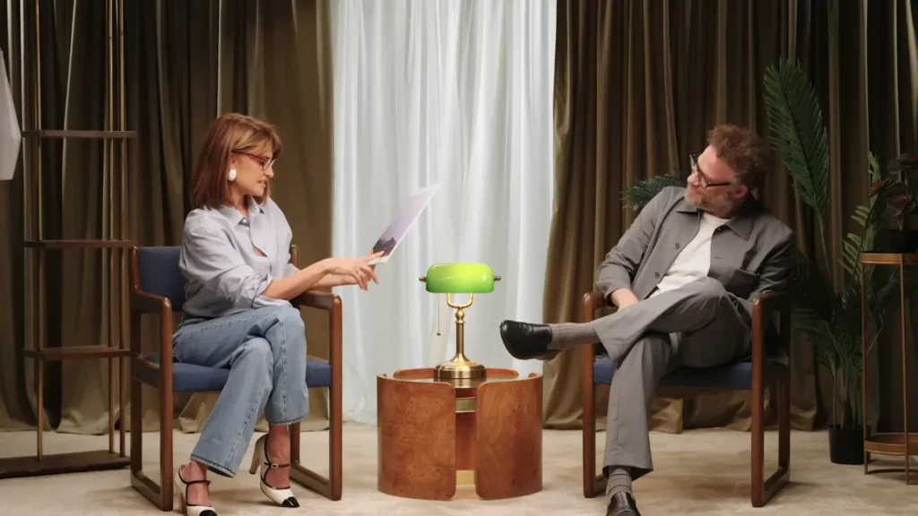 Penélope Cruz reacting during the Condé Nast Traveler movie-location game