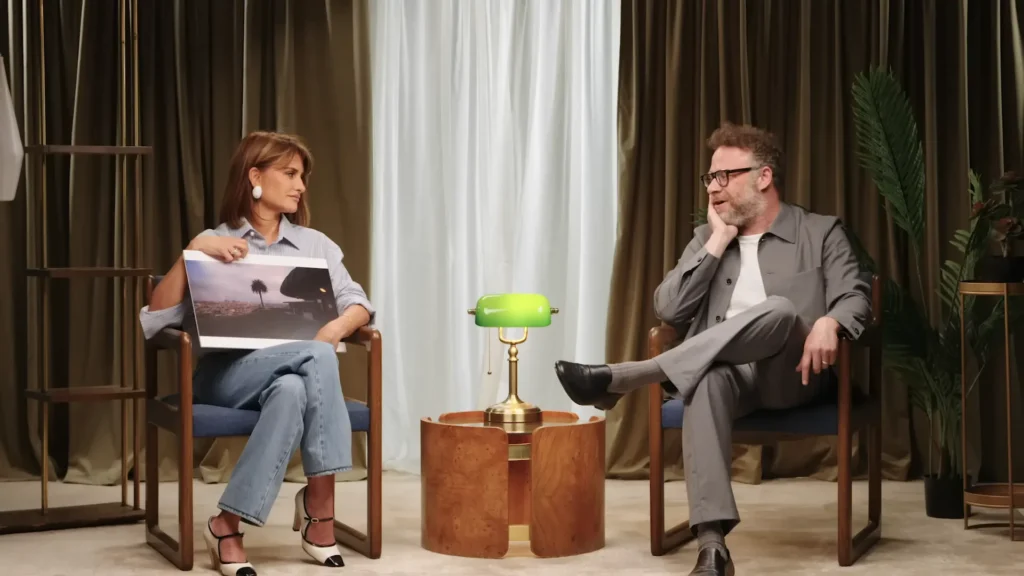 Seth Rogen and Penélope Cruz sharing movie-location stories for Condé Nast Traveler