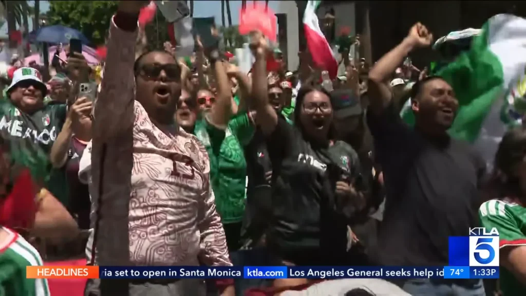 Team Mexico supporters gather at Plaza México in Lynwood for the World Cup opening match