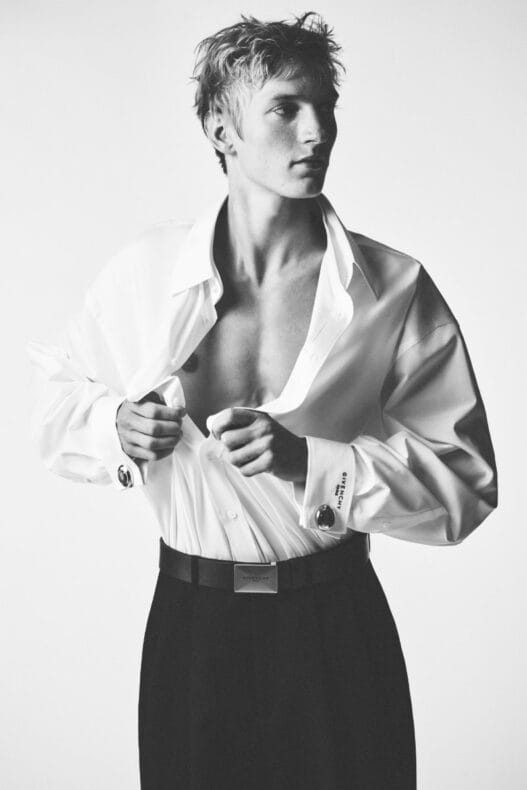 Givenchy Spring Summer 2027 menswear look by Sarah Burton featuring sharply tailored styling