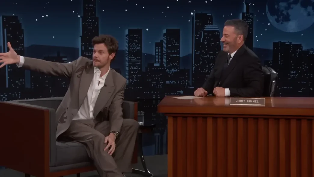 Jack Quaid shows off his new mustache during an appearance on Jimmy Kimmel Live