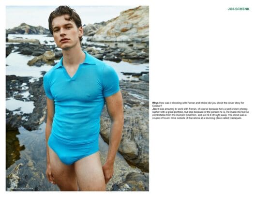 Jos Schenk photographed by Ferran Casanova in a beachside fashion editorial