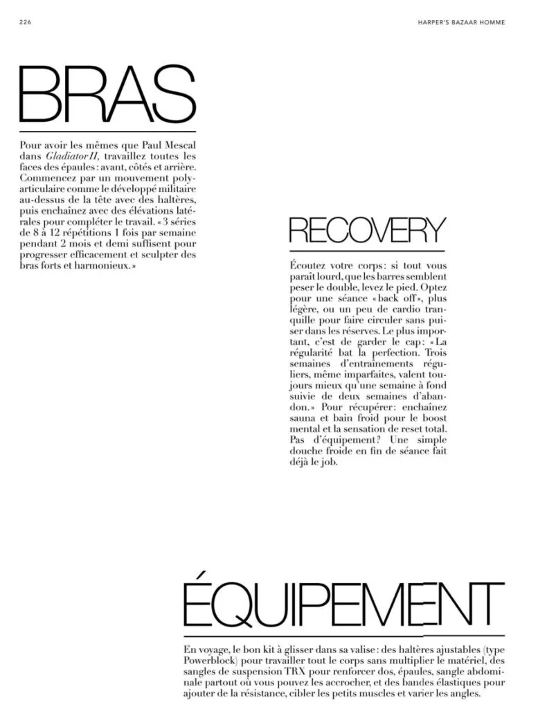 Bazaar Sport magazine page outlining arm training, recovery and exercise equipment advice