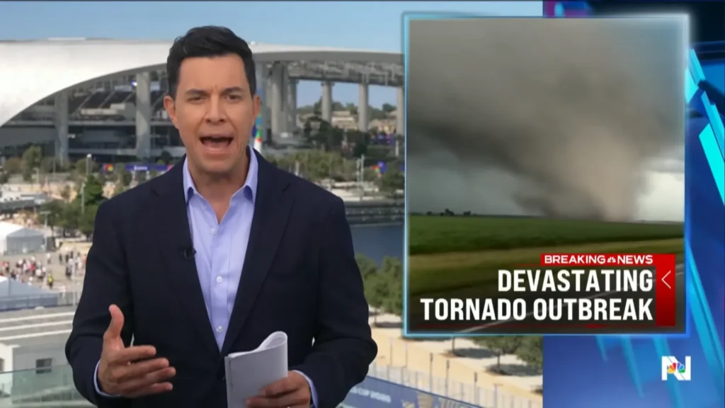 Tom Llamas reports on the devastating Midwest tornado outbreak during NBC Nightly News on June 12, 2026