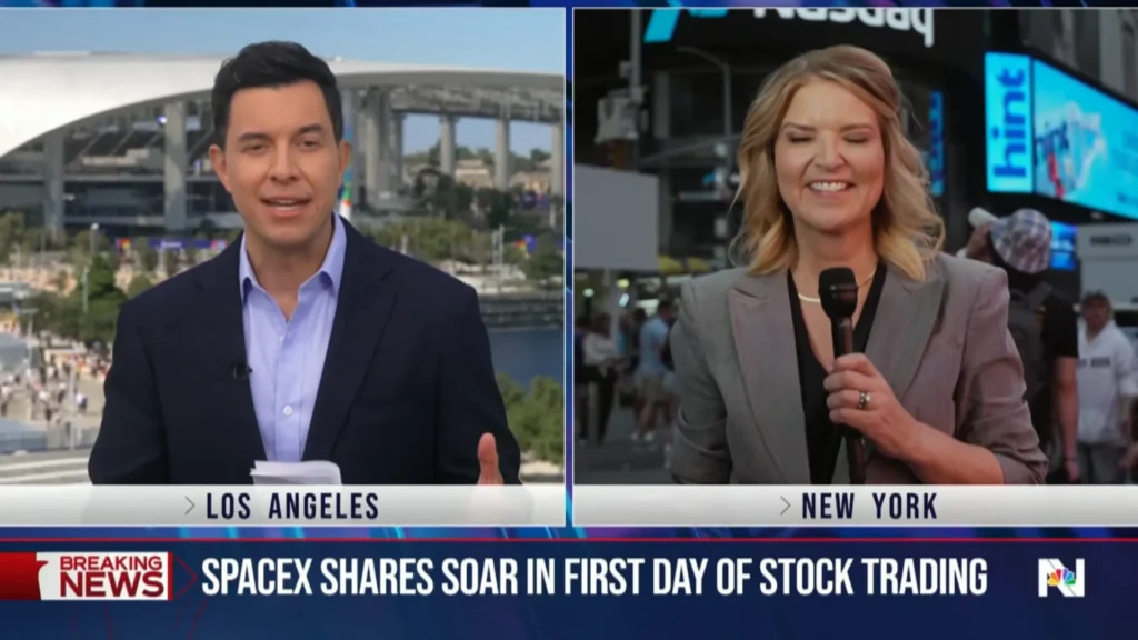 Tom Llamas speaks with an NBC News correspondent about SpaceX shares soaring on their first day of public trading