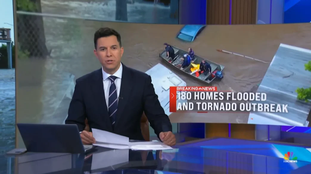 Tom Llamas anchoring NBC Nightly News during the June 18 broadcast covering severe flooding, tornadoes and the Knicks parade.