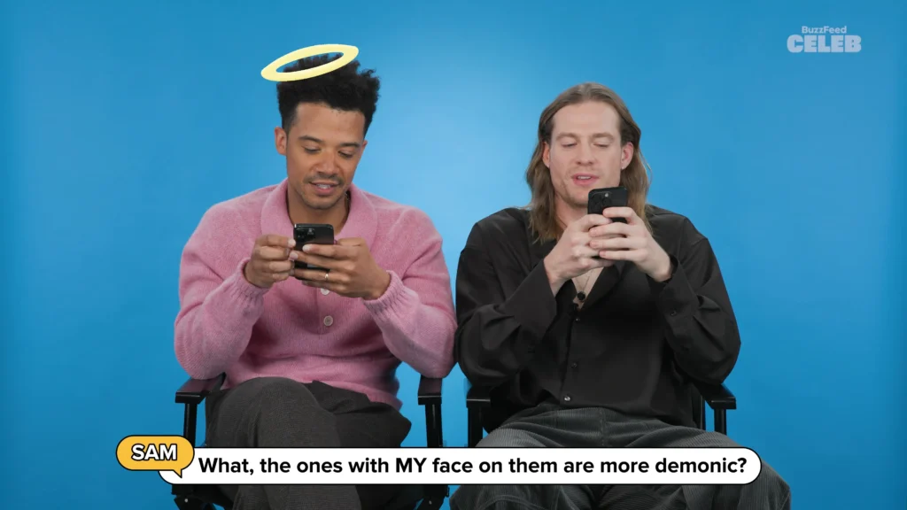 Sam Reid and Jacob Anderson laughing while reading BuzzFeed Thirst Tweets