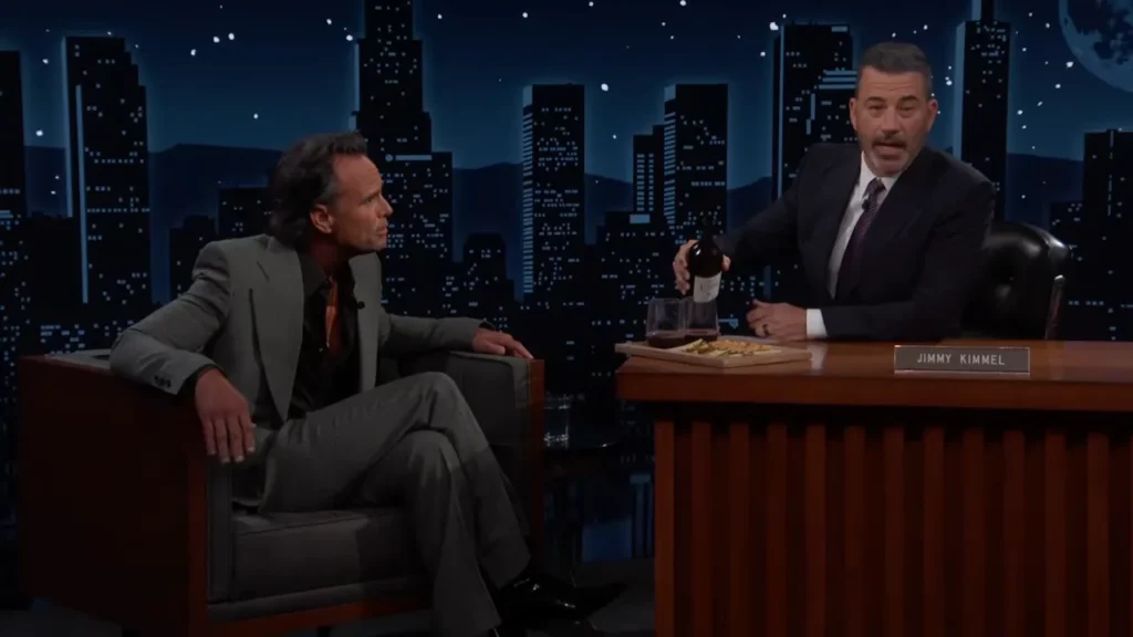 Walton Goggins talking about asking Justin Theroux to join Fallout on Jimmy Kimmel Live