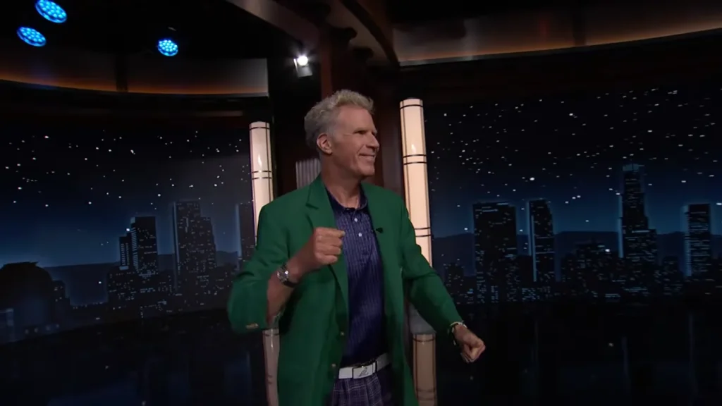 Will Ferrell entering the Jimmy Kimmel Live stage in a green golf-style blazer