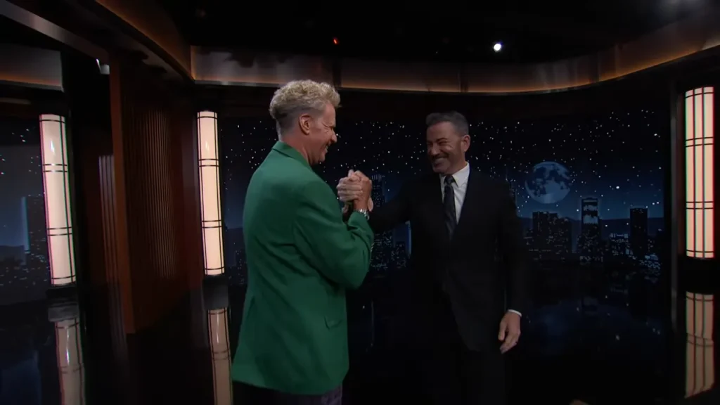 Will Ferrell greeting Jimmy Kimmel on the Jimmy Kimmel Live stage