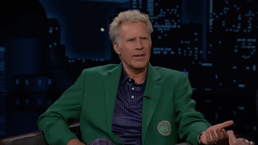 Will Ferrell talking to Jimmy Kimmel while wearing a green golf-style blazer