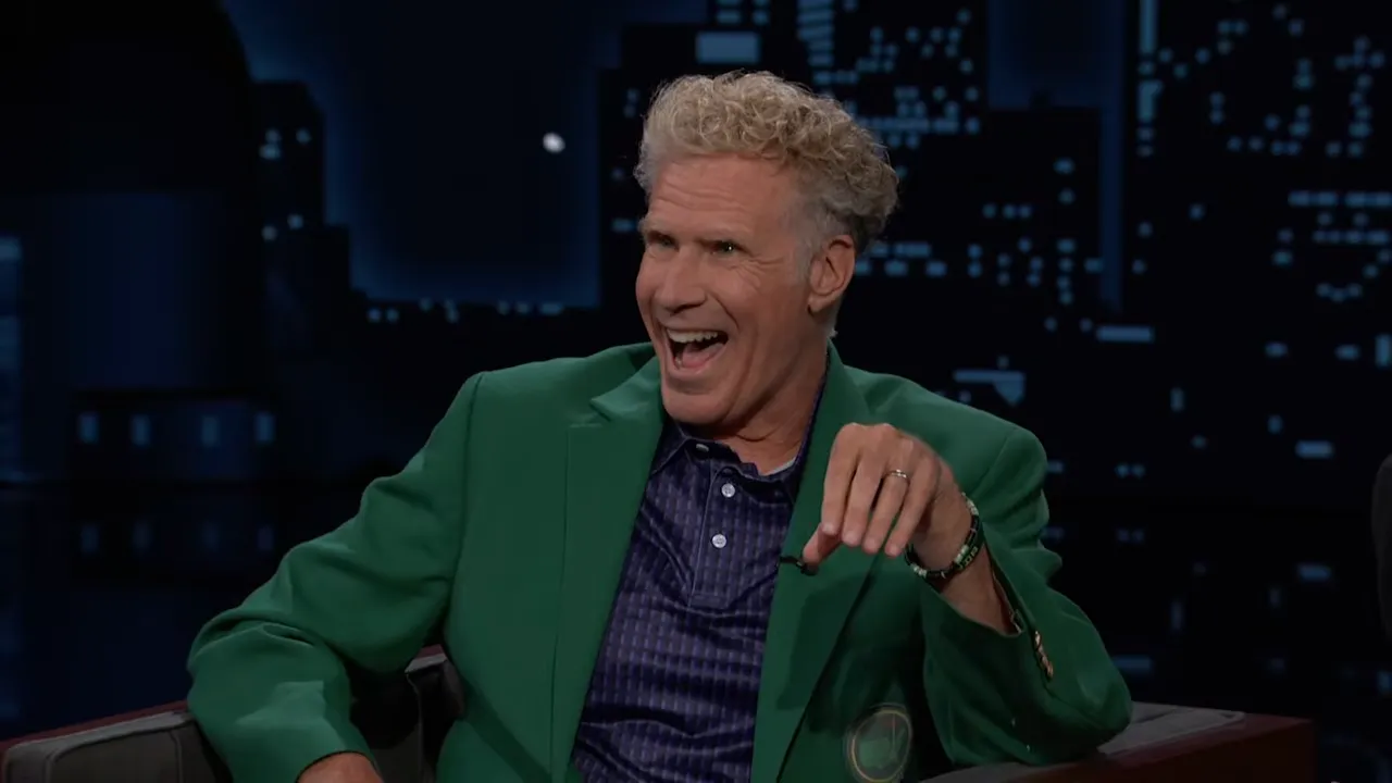 Will Ferrell entering the Jimmy Kimmel Live stage in a green golf-style blazer