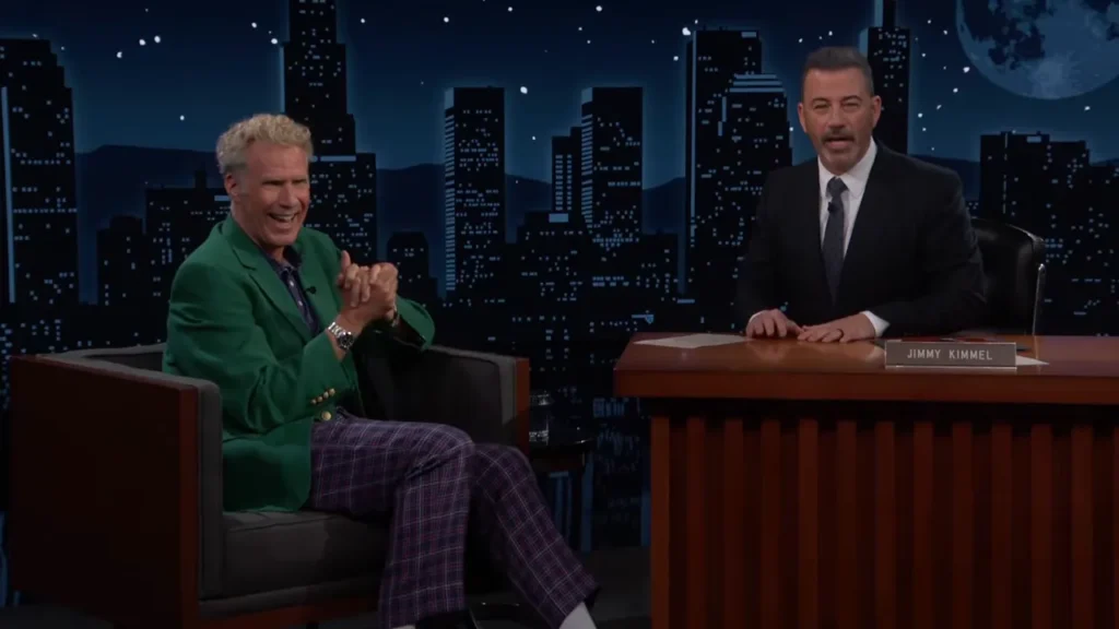 Will Ferrell laughing beside Jimmy Kimmel during their interview