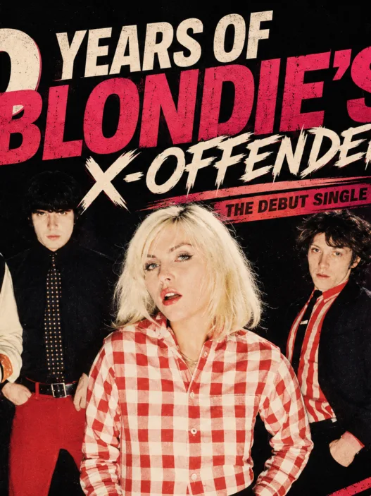 Blondie’s 1976 lineup in a punk-inspired 50th anniversary graphic for “X Offender,” celebrating the band’s debut single with vintage New York rock club styling.