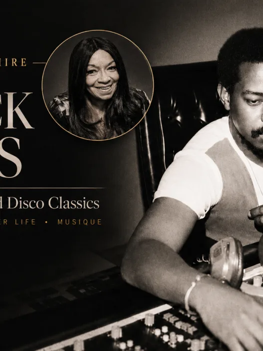 Editorial header image for a Patrick Adams tribute story featuring Patrick Adams at a studio mixing console and a circular inset portrait of Christine Wiltshire with the title Christine Wiltshire Remembers Patrick Adams.