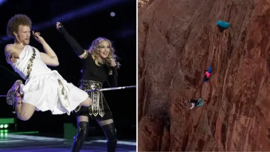 Andy Lewis performing slackline tricks during Madonna's 2012 Super Bowl halftime show