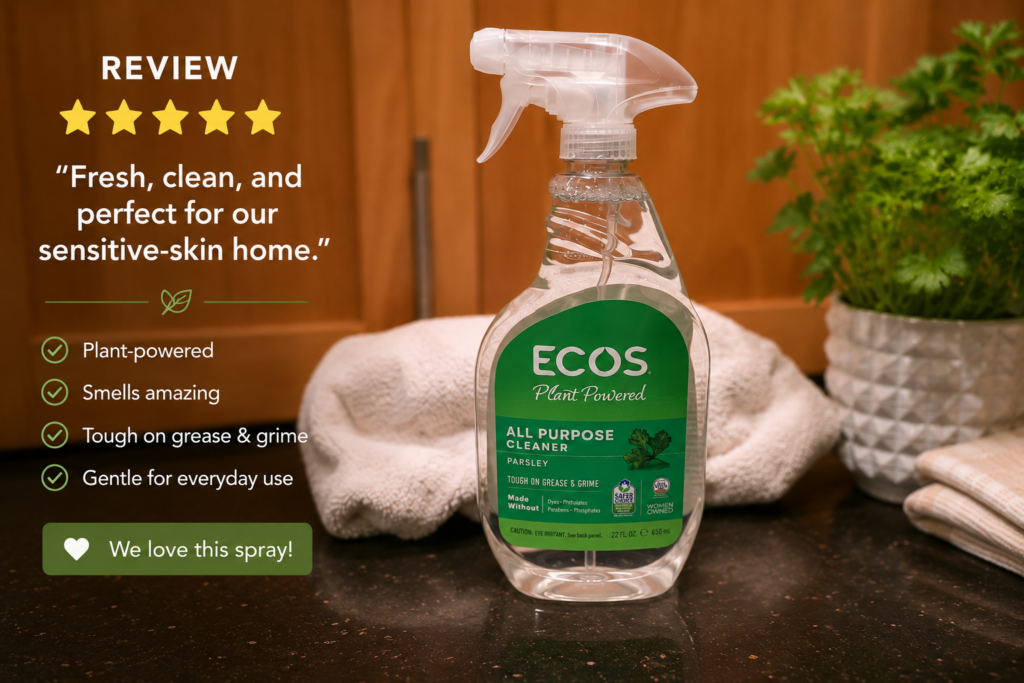 Five-star review graphic for ECOS Parsley All Purpose Cleaner in a warm home kitchen.