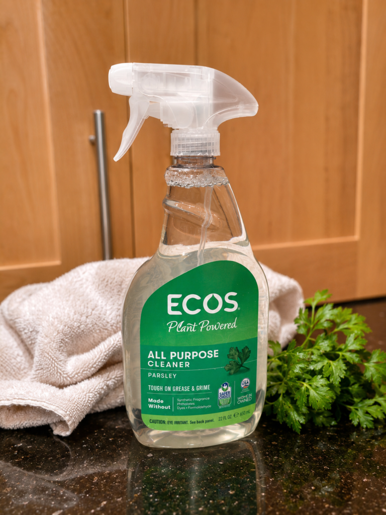 ECOS Parsley All Purpose Cleaner displayed with a cleaning towel and fresh parsley on a kitchen counter.