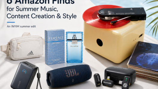 Six Amazon summer finds featuring an Audio-Technica Sound Burger, JBL speaker, Hollyland wireless microphone, Anker power bank, adidas fanny pack and Versace Man Eau Fraîche fragrance.