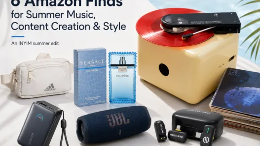 Six Amazon summer finds featuring an Audio-Technica Sound Burger, JBL speaker, Hollyland wireless microphone, Anker power bank, adidas fanny pack and Versace Man Eau Fraîche fragrance.