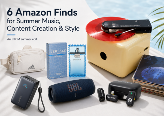 Six Amazon summer finds featuring an Audio-Technica Sound Burger, JBL speaker, Hollyland wireless microphone, Anker power bank, adidas fanny pack and Versace Man Eau Fraîche fragrance.