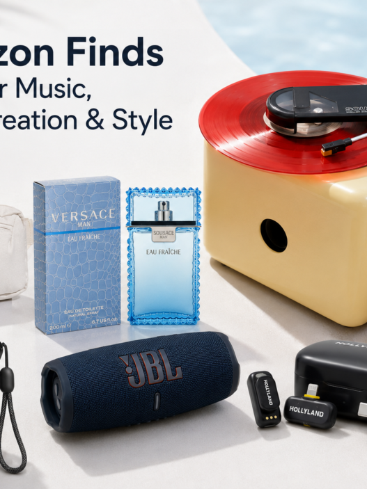 Six Amazon summer finds featuring an Audio-Technica Sound Burger, JBL speaker, Hollyland wireless microphone, Anker power bank, adidas fanny pack and Versace Man Eau Fraîche fragrance.