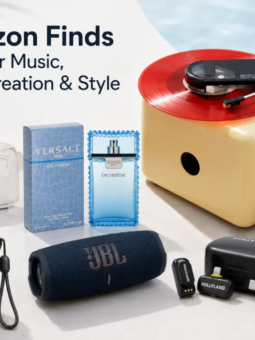 Six Amazon summer finds featuring an Audio-Technica Sound Burger, JBL speaker, Hollyland wireless microphone, Anker power bank, adidas fanny pack and Versace Man Eau Fraîche fragrance.
