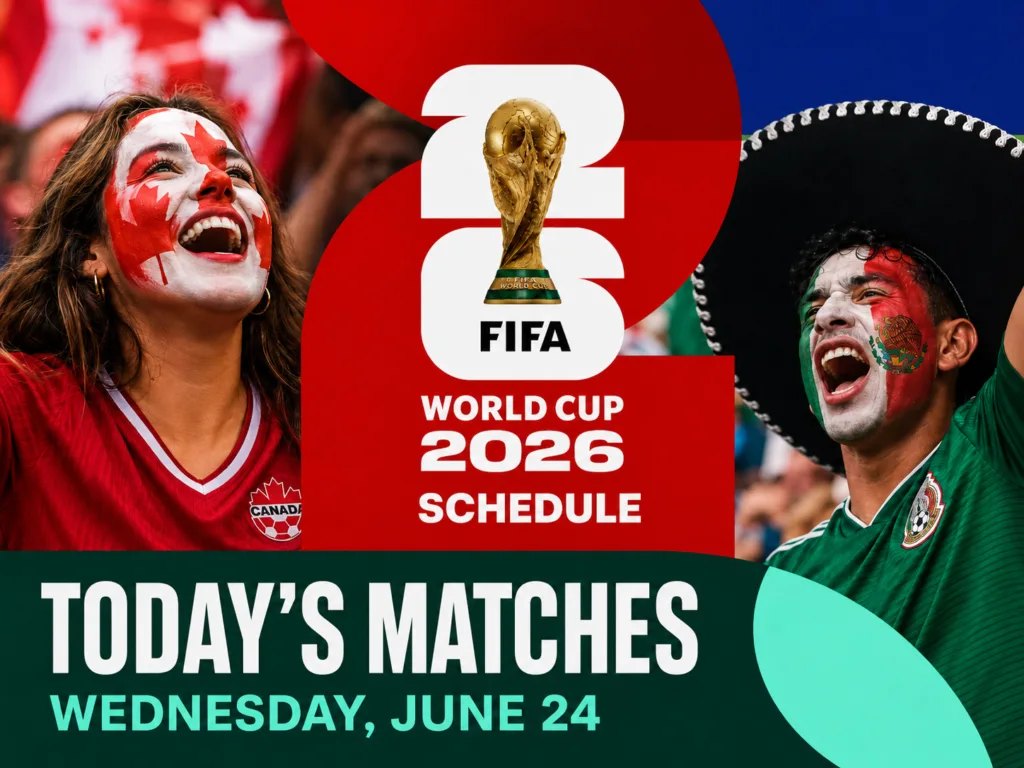 FIFA World Cup 2026 today’s matches header for Wednesday, June 24 with Canada and Mexico fans