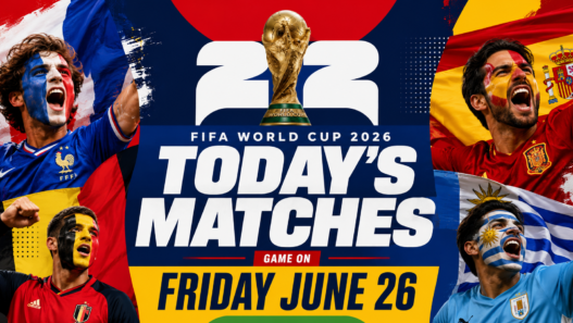 FIFA World Cup 2026 today’s matches graphic for Friday, June 26 featuring France, Spain, Belgium and Uruguay fan energy