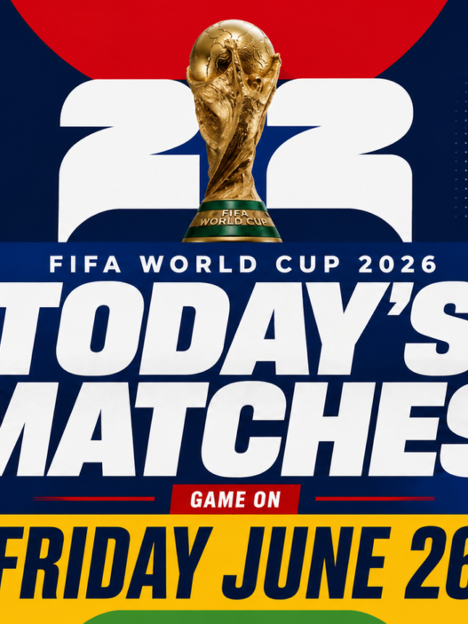 FIFA World Cup 2026 today’s matches graphic for Friday, June 26 featuring France, Spain, Belgium and Uruguay fan energy