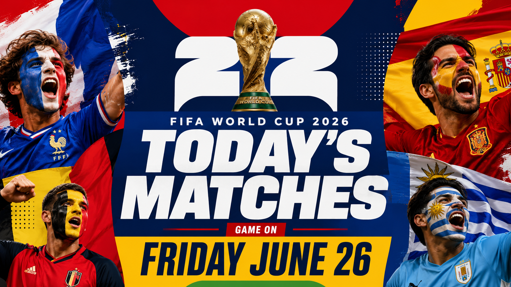 FIFA World Cup 2026 today’s matches graphic for Friday, June 26 featuring France, Spain, Belgium and Uruguay fan energy