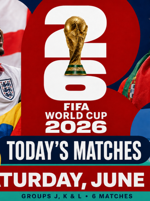 FIFA World Cup 2026 today’s matches graphic for Saturday, June 27 featuring England, Portugal, Colombia and Argentina fan energy