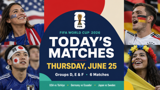 FIFA World Cup 2026 today’s matches graphic for Thursday, June 25 featuring USA, Germany, Japan and Ecuador fan energy