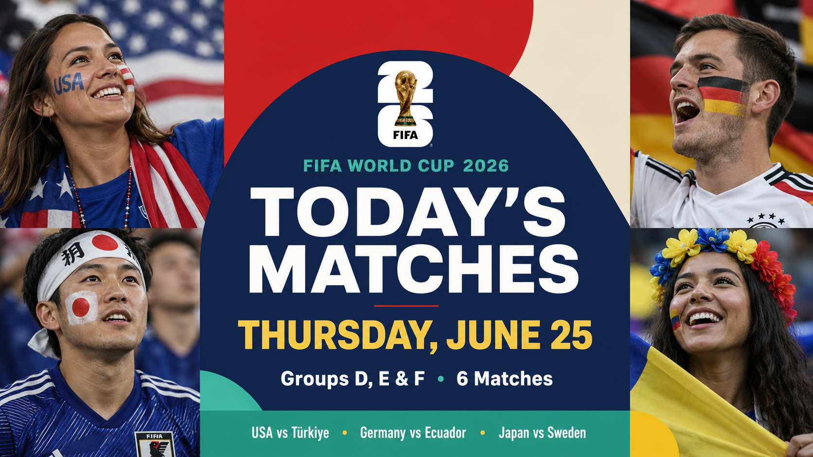 FIFA World Cup 2026 today’s matches graphic for Thursday, June 25 featuring USA, Germany, Japan and Ecuador fan energy