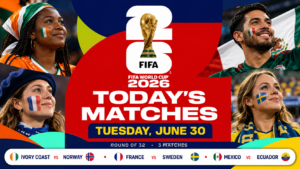 FIFA World Cup 2026 today’s matches graphic for Tuesday, June 30 featuring France, Mexico, Ivory Coast, Norway, Sweden and Ecuador in the Round of 32
