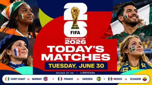 FIFA World Cup 2026 today’s matches graphic for Tuesday, June 30 featuring France, Mexico, Ivory Coast, Norway, Sweden and Ecuador in the Round of 32