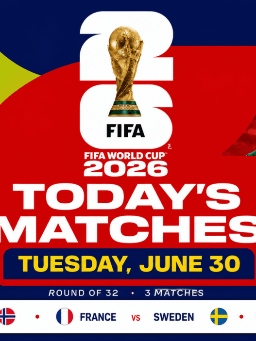 FIFA World Cup 2026 today’s matches graphic for Tuesday, June 30 featuring France, Mexico, Ivory Coast, Norway, Sweden and Ecuador in the Round of 32