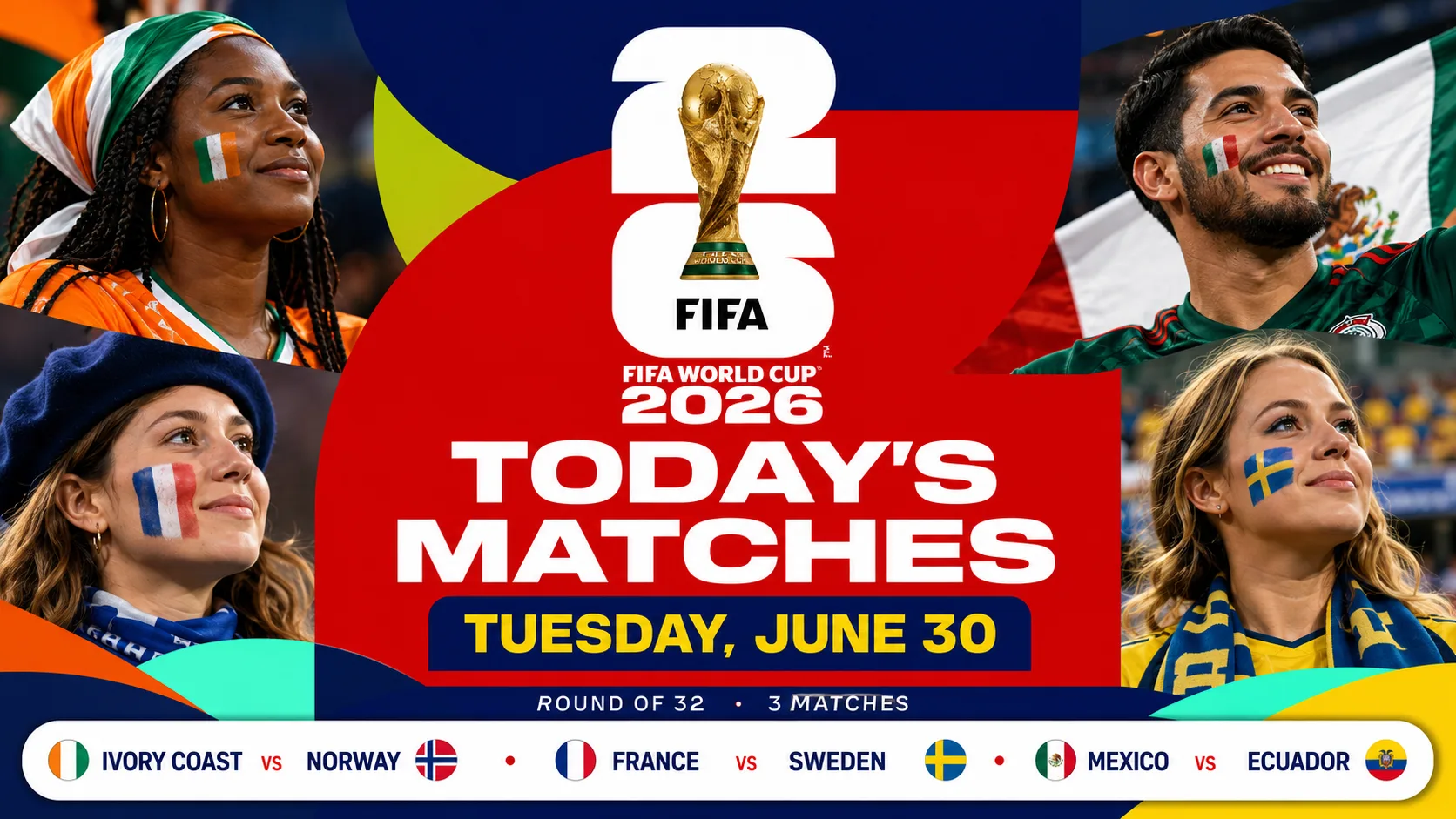 FIFA World Cup 2026 today’s matches graphic for Tuesday, June 30 featuring France, Mexico, Ivory Coast, Norway, Sweden and Ecuador in the Round of 32