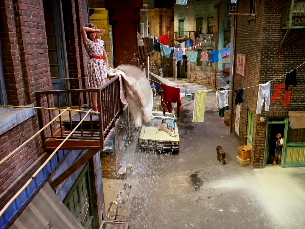 A dancer splashes through an alley in a restored When I Think of You music video frame