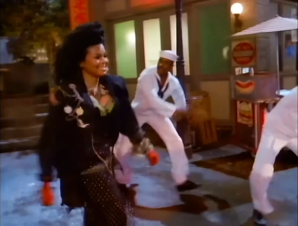 Janet Jackson performs during the sailor dance sequence in the When I Think of You video
