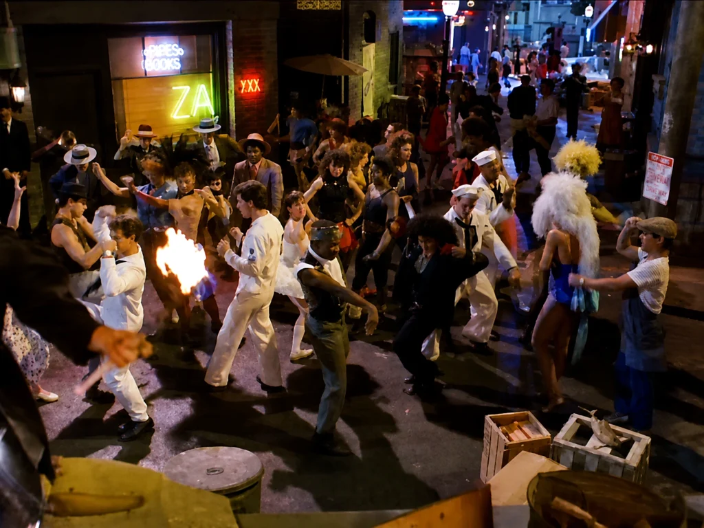 Janet Jackson dances among a colorful street celebration in the When I Think of You music video