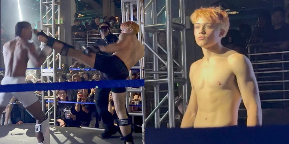 Knox Jolie-Pitt competing in a Muay Thai exhibition fight in Downtown Los Angeles