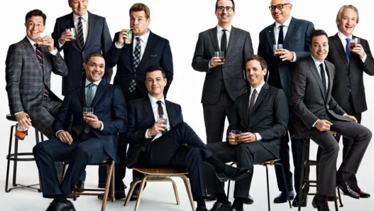 Late-night hosts including Conan O’Brien, Stephen Colbert, Trevor Noah and Jon Stewart photographed together
