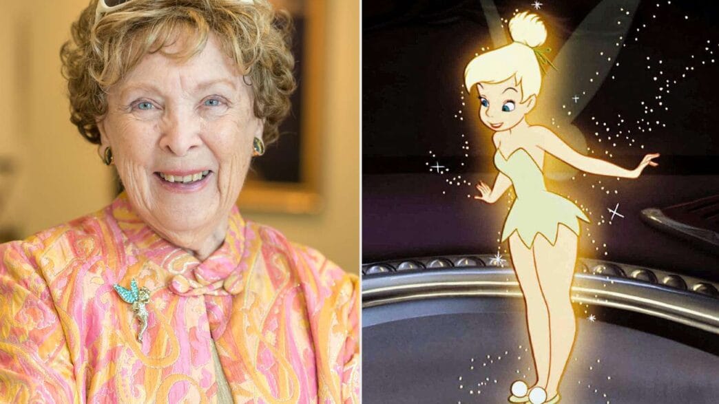 Margaret Kerry smiling beside Disney’s animated Tinker Bell